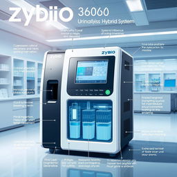 A detailed and informative illustration of the Zybio U3600 Urinalysis Hybrid System, showcasing its modern and sleek design