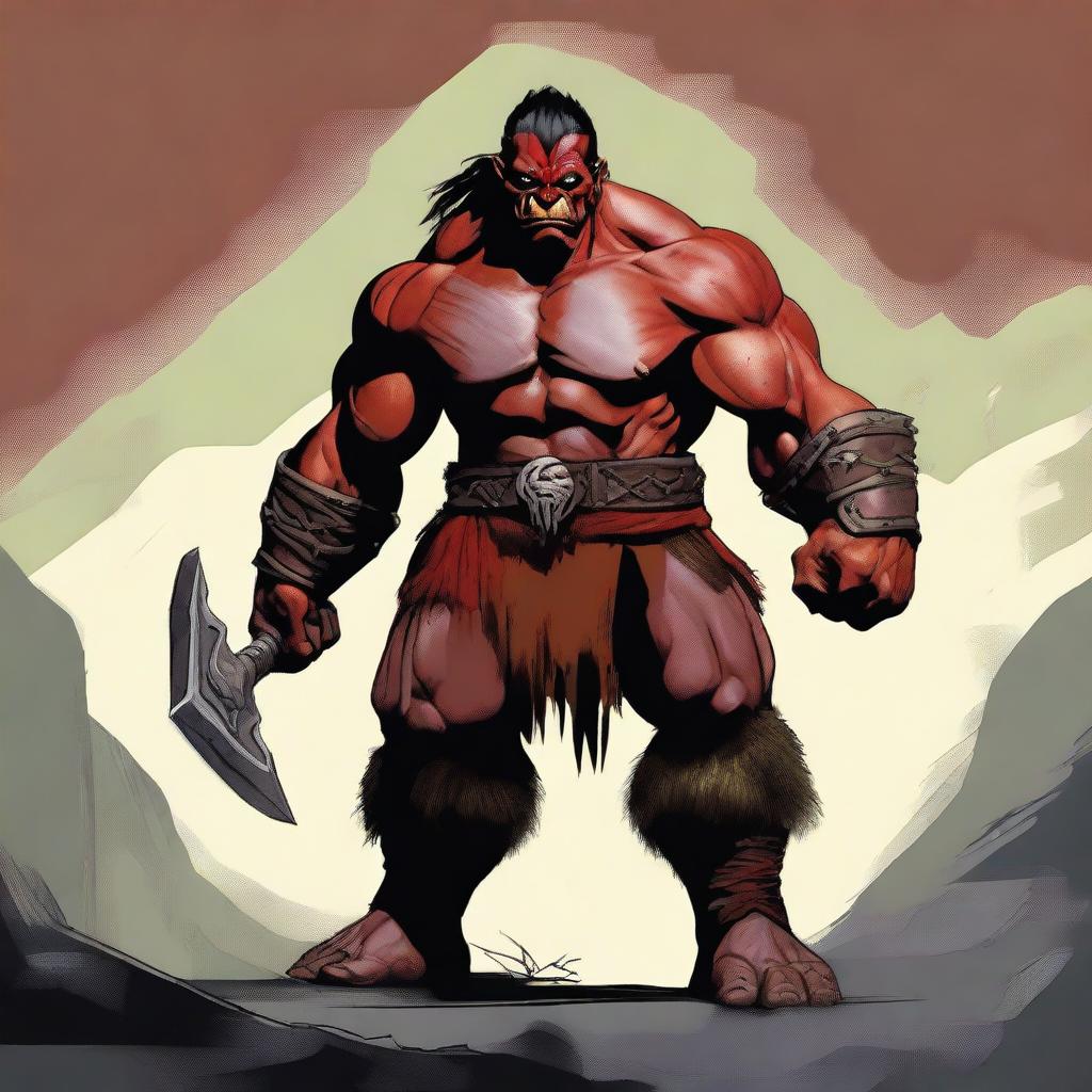 A digital art image featuring a towering seven-foot half-orc barbarian with red skin