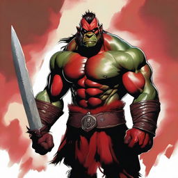 A digital art image featuring a towering seven-foot half-orc barbarian with red skin