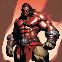 A digital art image featuring a towering seven-foot half-orc barbarian with red skin