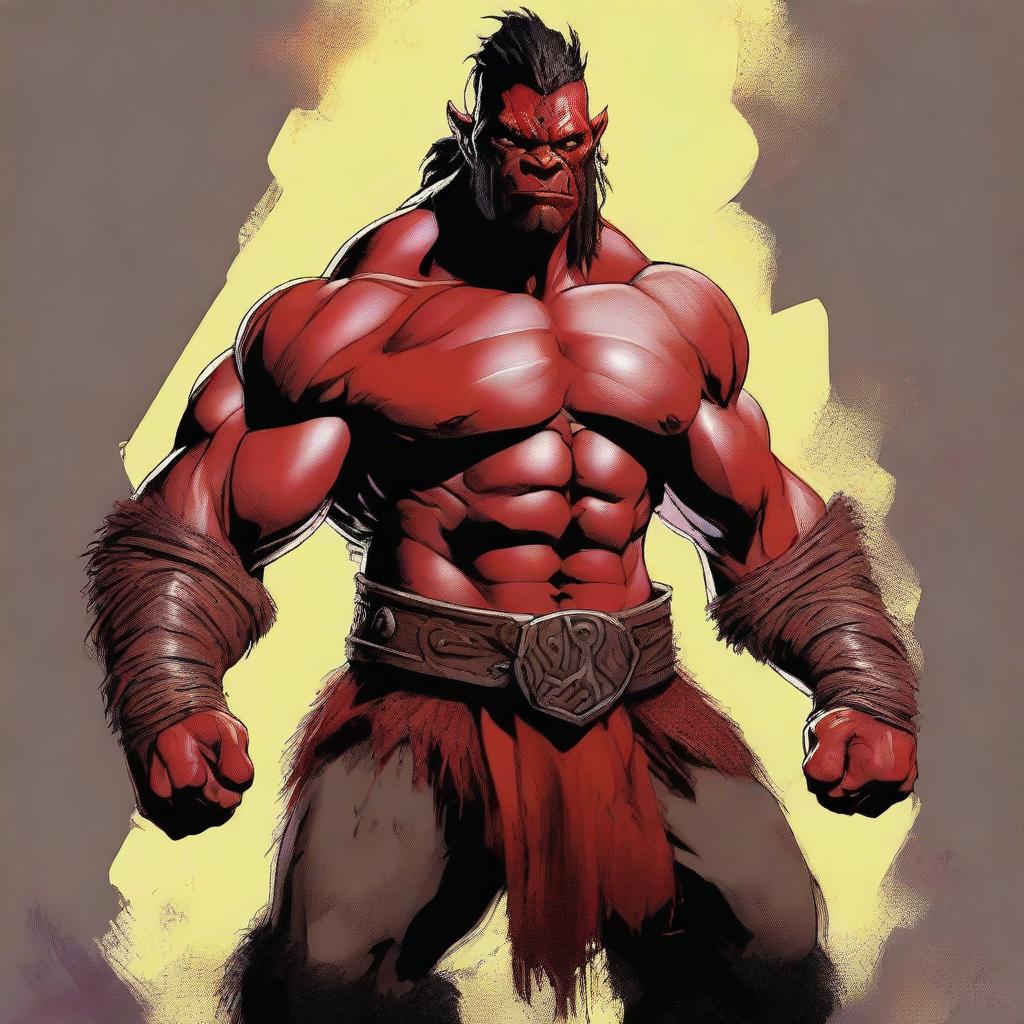 A digital art image featuring a towering seven-foot half-orc barbarian with red skin