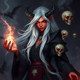 A captivating female Tiefling necromancer with long, flowing white hair and striking red skin