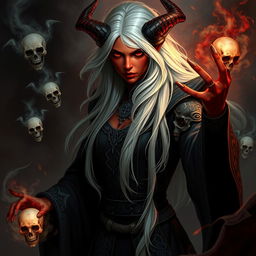 A captivating female Tiefling necromancer with long, flowing white hair and striking red skin