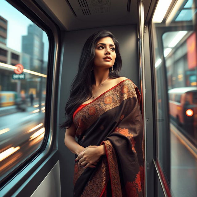 A sensual Indian beauty standing in a modern metro rail train, dressed in a stylish saree that elegantly drapes around her curves, with intricate patterns and vibrant colors