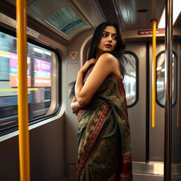 A sensual Indian beauty standing in a modern metro rail train, dressed in a stylish saree that elegantly drapes around her curves, with intricate patterns and vibrant colors