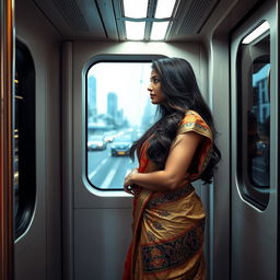 A sensual Indian beauty standing in a modern metro rail train, dressed in a stylish saree that elegantly drapes around her curves, with intricate patterns and vibrant colors