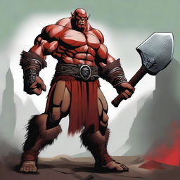 An intricate digital art piece showcasing a seven-foot half-orc barbarian with red skin