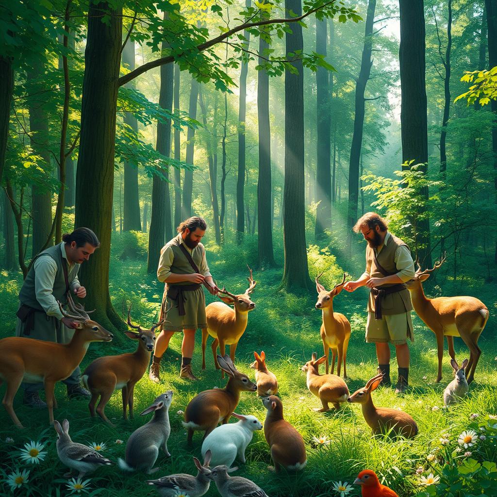 A serene and enchanting forest scene featuring men interacting harmoniously with various animals