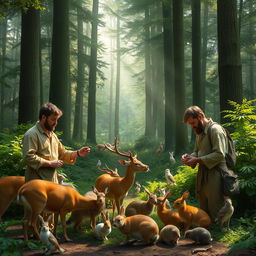 A serene and enchanting forest scene featuring men interacting harmoniously with various animals