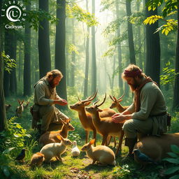 A serene and enchanting forest scene featuring men interacting harmoniously with various animals