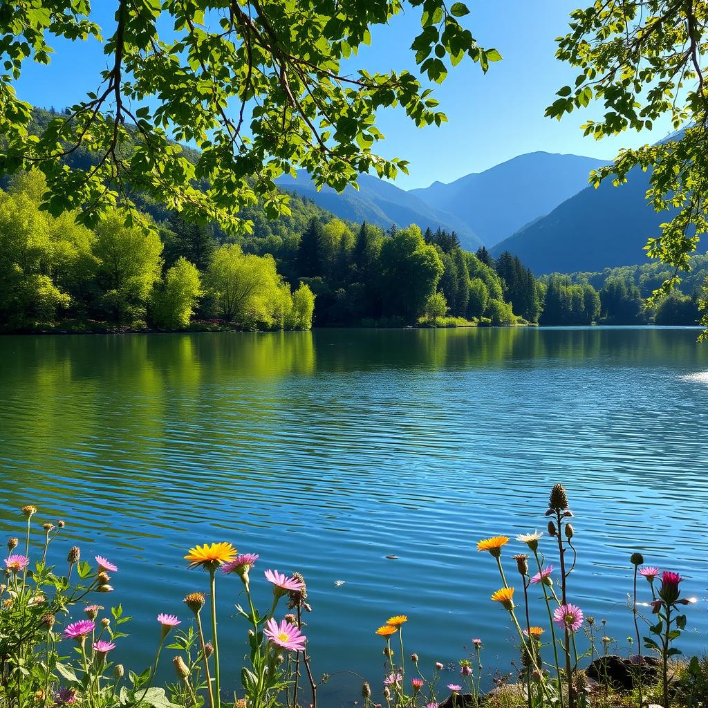 A tranquil lake surrounded by vibrant, lush green trees, reflecting the bright blue sky