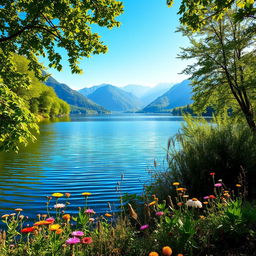 A tranquil lake surrounded by vibrant, lush green trees, reflecting the bright blue sky
