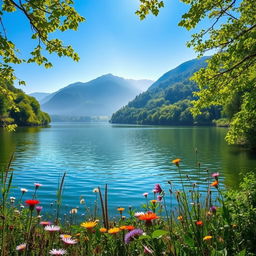 A tranquil lake surrounded by vibrant, lush green trees, reflecting the bright blue sky