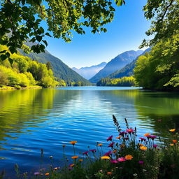 A tranquil lake surrounded by vibrant, lush green trees, reflecting the bright blue sky