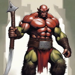 This is a high-quality digital art piece, showcasing a bald, seven-foot tall, red-skinned half-orc barbarian