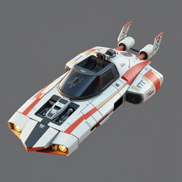 A sleek spaceship designed in the voxel art style reminiscent of the game Stormworks, featuring a cockpit prominently on the top of the ship