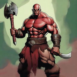 This is a high-quality digital art piece, showcasing a bald, seven-foot tall, red-skinned half-orc barbarian