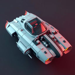 A sleek spaceship designed in the voxel art style reminiscent of the game Stormworks, featuring a cockpit prominently on the top of the ship