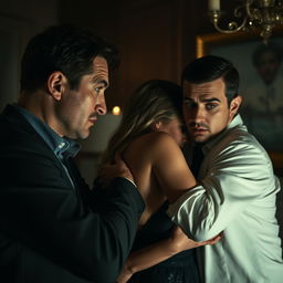 A dramatic scene capturing a man in shock as he discovers his wife in an intimate embrace with another man in a dimly lit room
