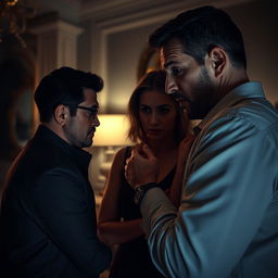 A dramatic scene capturing a man in shock as he discovers his wife in an intimate embrace with another man in a dimly lit room