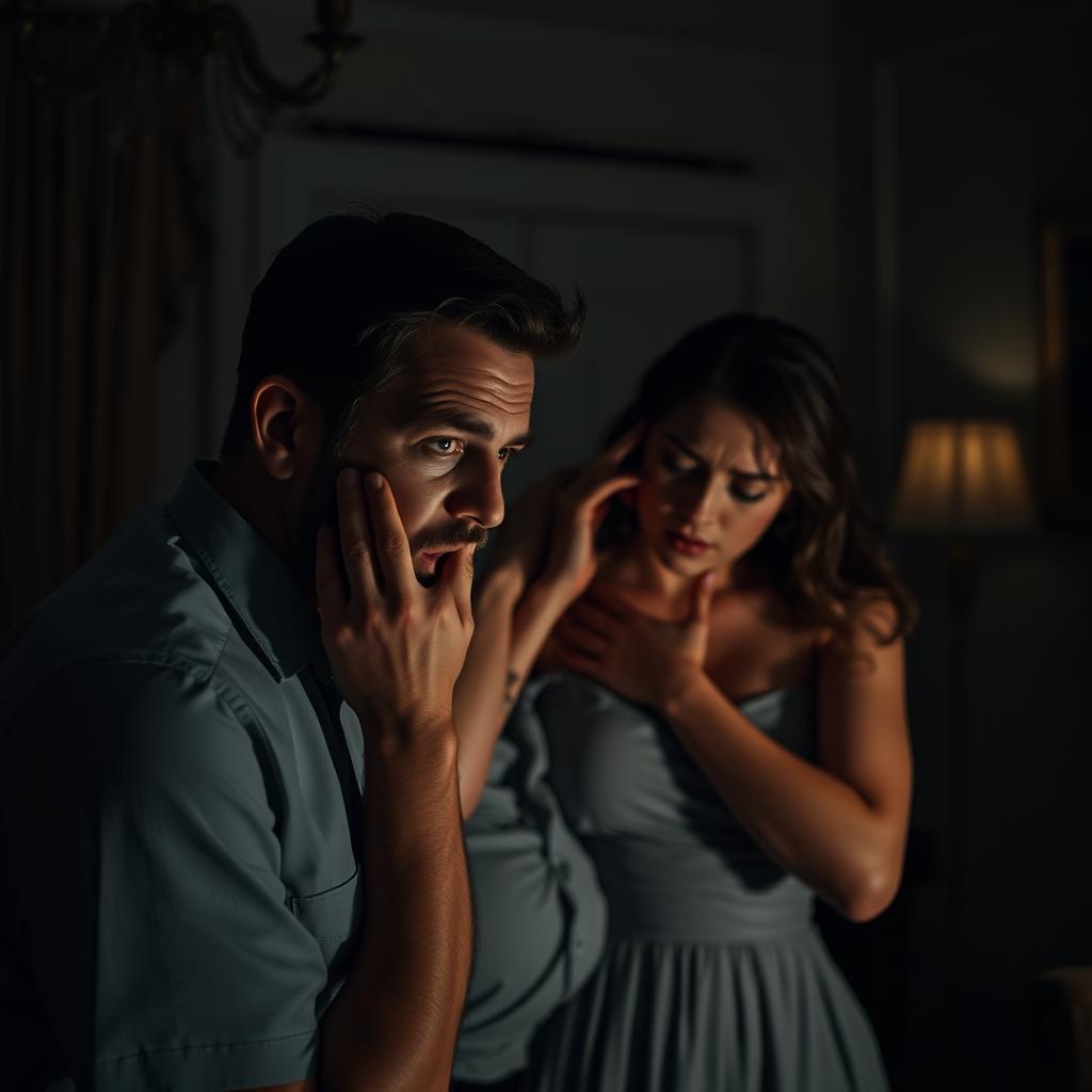 A dramatic scene capturing a man in shock as he discovers his wife in an intimate embrace with another man in a dimly lit room