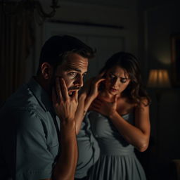 A dramatic scene capturing a man in shock as he discovers his wife in an intimate embrace with another man in a dimly lit room