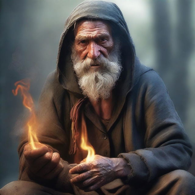 An ultra-realistic digital art portrait showcases a homeless wild magic sorcerer