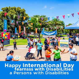 A vibrant and inclusive celebration for the International Day of Persons with Disabilities, featuring a diverse group of people of varying abilities happily participating in various activities such as art, sports, and music