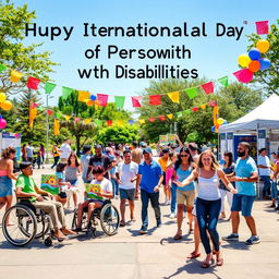 A vibrant and inclusive celebration for the International Day of Persons with Disabilities, featuring a diverse group of people of varying abilities happily participating in various activities such as art, sports, and music