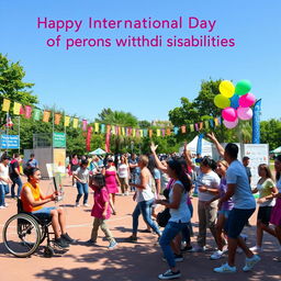 A vibrant and inclusive celebration for the International Day of Persons with Disabilities, featuring a diverse group of people of varying abilities happily participating in various activities such as art, sports, and music