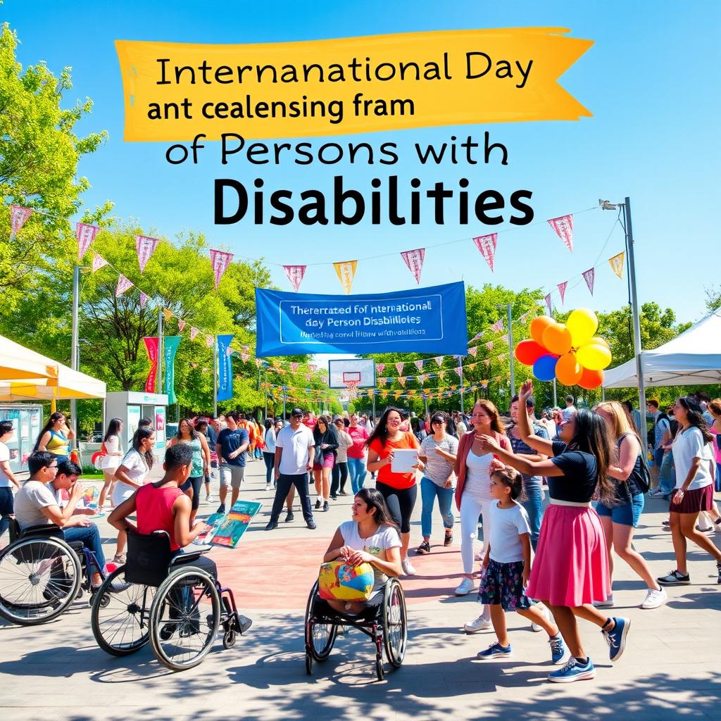 A vibrant and inclusive celebration for the International Day of Persons with Disabilities, featuring a diverse group of people of varying abilities happily participating in various activities such as art, sports, and music