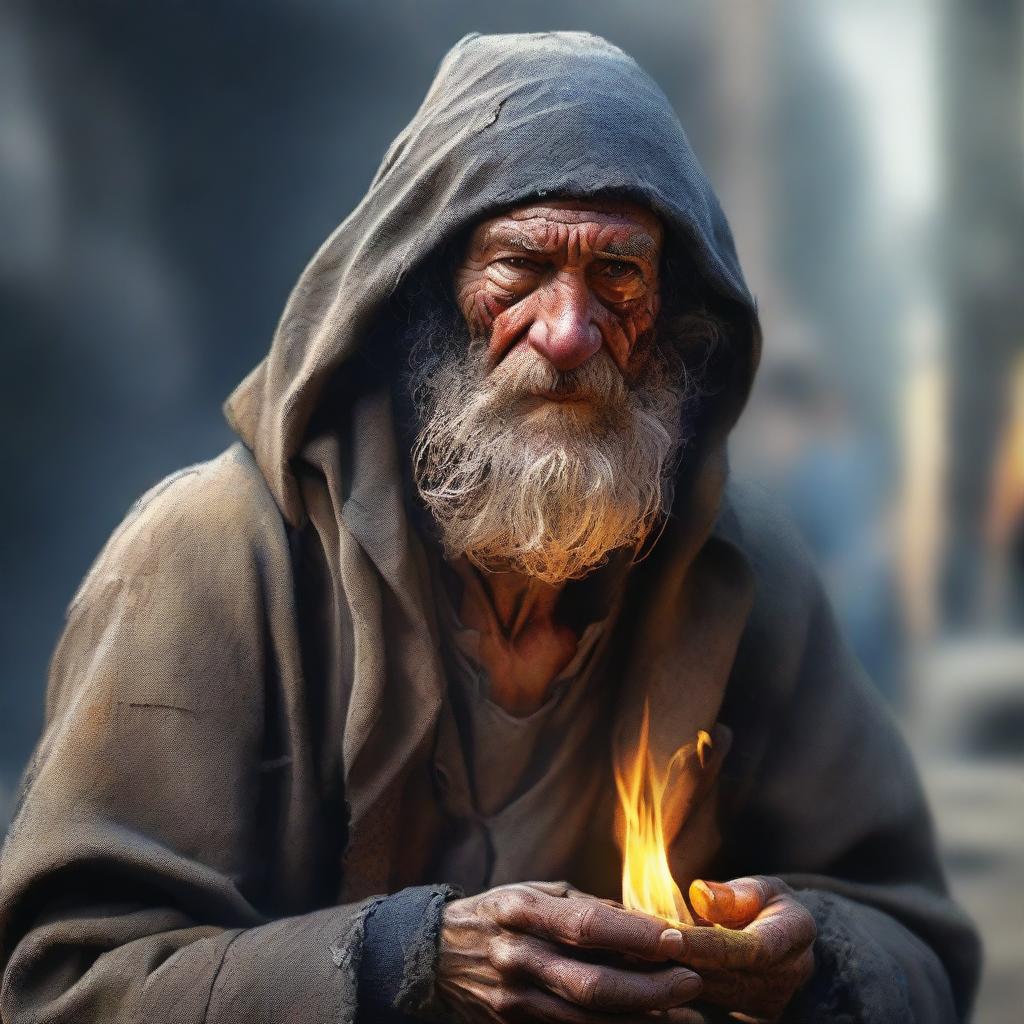 An ultra-realistic digital art portrait features a homeless vagrant wild magic sorcerer