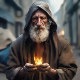 An ultra-realistic digital art portrait features a homeless vagrant wild magic sorcerer