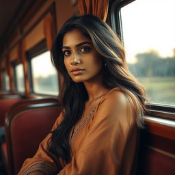 A serene scene depicting a beautiful Indian woman sitting in a train compartment, exuding confidence and grace