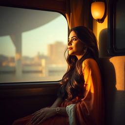 A serene scene depicting a beautiful Indian woman sitting in a train compartment, exuding confidence and grace