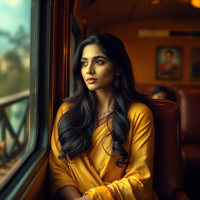 A serene scene depicting a beautiful Indian woman sitting in a train compartment, exuding confidence and grace