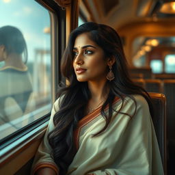 A serene scene depicting a beautiful Indian woman sitting in a train compartment, exuding confidence and grace