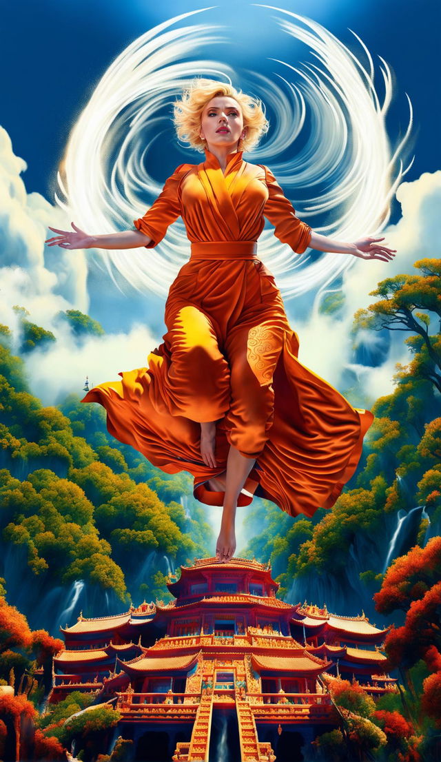 This is a high-quality digital art image featuring Scarlett Johansson in vibrant monk robes, levitating above an ornate temple amidst the clouds