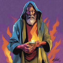 A comic-style digital art illustration portrays a homeless vagrant wild magic sorcerer