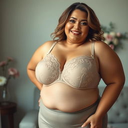 A voluptuous chubby woman with large breasts wearing an elegant, lacy bra