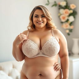 A voluptuous chubby woman with large breasts wearing an elegant, lacy bra