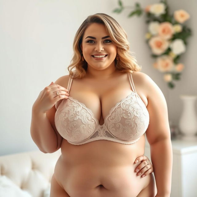 A voluptuous chubby woman with large breasts wearing an elegant, lacy bra