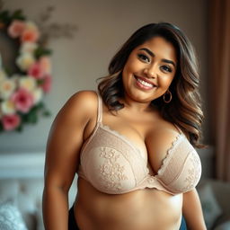 A voluptuous chubby woman with large breasts wearing an elegant, lacy bra