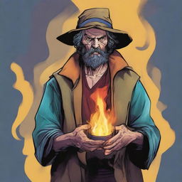 A comic-style digital art illustration portrays a homeless vagrant wild magic sorcerer