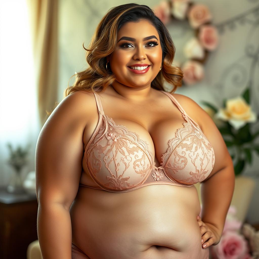 A voluptuous chubby woman with large breasts wearing an elegant, lacy bra