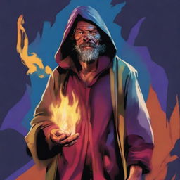 A comic-style digital art illustration portrays a homeless vagrant wild magic sorcerer