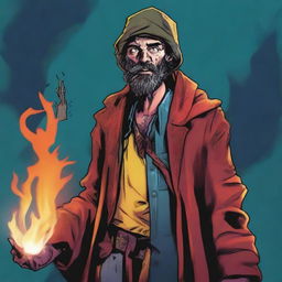 A comic-style digital art illustration portrays a homeless vagrant wild magic sorcerer