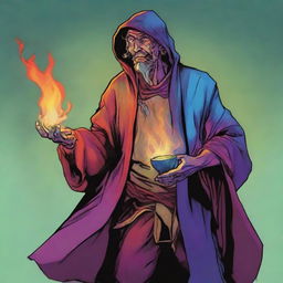 A comic-style digital art illustration presents a homeless vagrant wild magic sorcerer