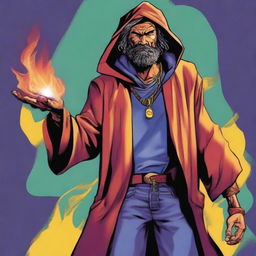 A comic-style digital art illustration presents a homeless vagrant wild magic sorcerer