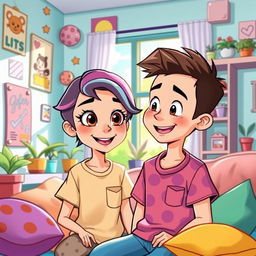 A vibrant and colorful cartoon-style scene featuring a pretty girl with vibrant hair and a boy, both smiling and interacting in a cozy room